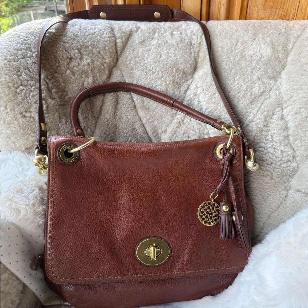 Coach Brown Leather Shoulder Bag with Signature Turnlock